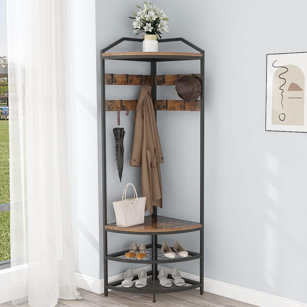 Corner Hall Tree with Shoe Bench Entryway Coat Rack with 10 Metal Movable Hooks Floor Standing Clothes Rack Shoes Shelf Organizer for Home Office Bedroom
