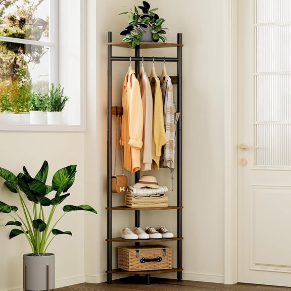 Corner Hall Tree with Shoe Rack Entryway Coat Rack with 6 Metal Movable Hooks Floor Standing Clothes Rack Organizer for Home Office Bedroom (Rustic Brown)