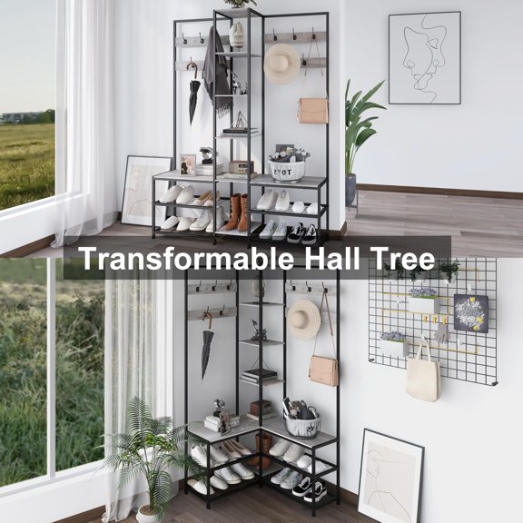 Corner Hall Tree With Shoe Rack Storage Bench Display Open Shelves, Modern Industrial Entryway Coat Rack Stand, Corner Freestanding Mudroom Clothes Hanging Tower, Rustic Brown