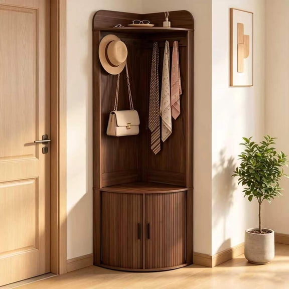 Corner Hall Tree with Bench & Shoe Storage, 68" Curved Entryway Coat Rack with 6 Hooks & 2 Fluted Doors, Walnut