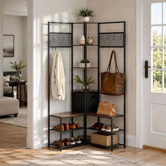 Corner Hall Tree with Shoe Bench, 70.9 in Coat Rack with Hooks and Steel Frame, Freestanding Storage Organizer