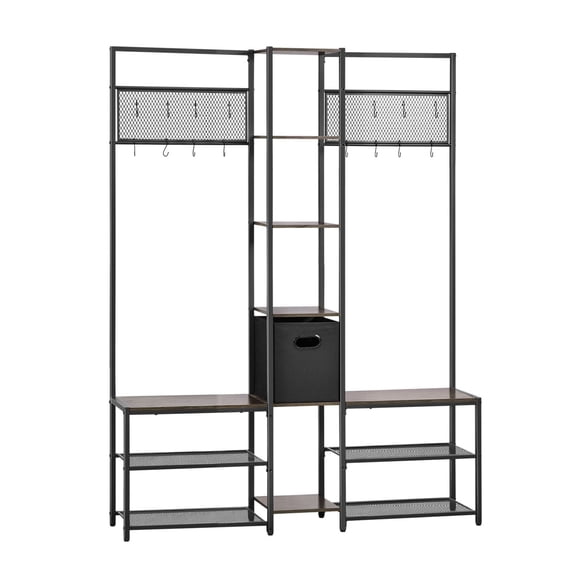 Corner Hall Tree with Shoe Bench - 70.9in Coat Rack, Rustic Brown