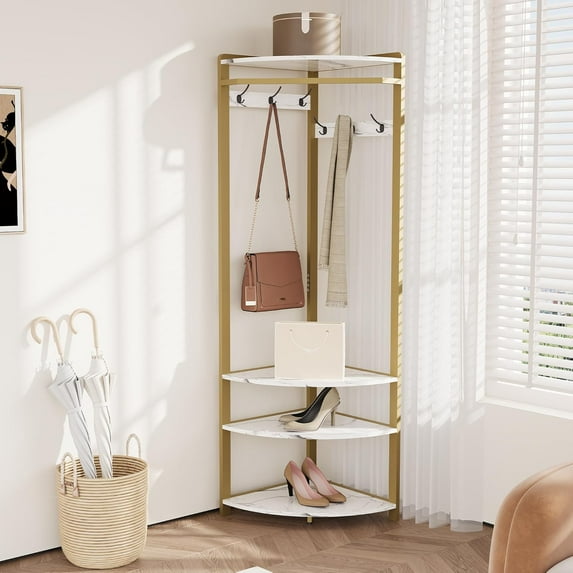 Corner Hall Tree with Shoe Bench,Entryway Coat Rack with 6 Double Hooks,Floor Standing Clothes Rack Shoes Shelf Organizer for Home Office Bedroom