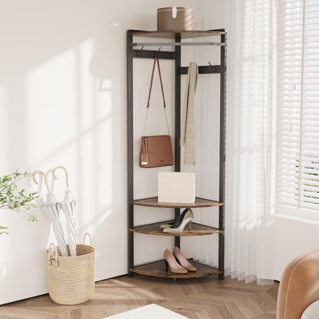Corner Hall Tree with Shoe Bench,Entryway Coat Rack with 6 Double Hooks,Floor Standing Clothes Rack Shoes Shelf Organizer for Home Office Bedroom