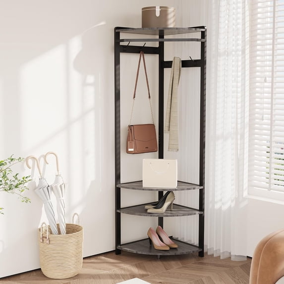 Corner Hall Tree with Shoe Bench,Entryway Coat Rack with 6 Double Hooks,Floor Standing Clothes Rack Shoes Shelf Organizer for Home Office Bedroom