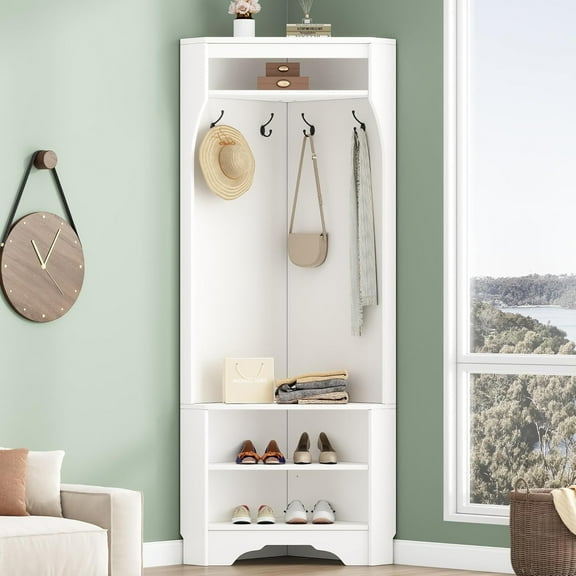 Corner Hall Tree with Shoe Bench, Versatile Entryway Coat Rack with 4 Hooks, Corner Cabinet with Adjustable Shelf for Hallway, Living Room