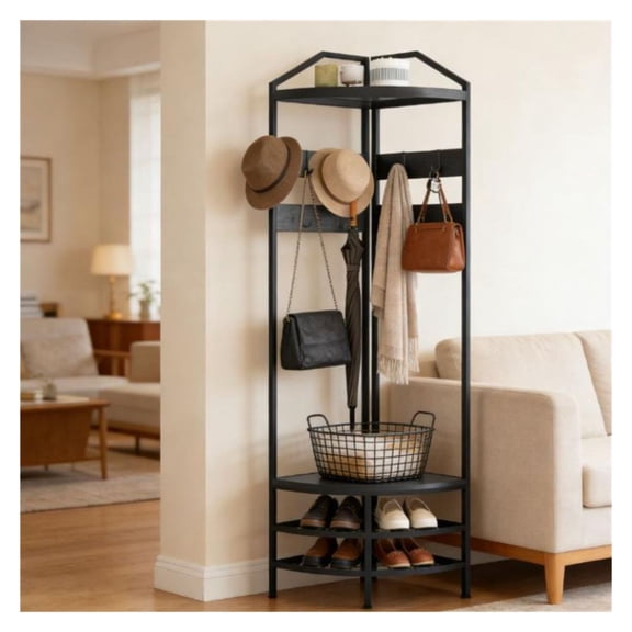 Corner Hall Tree with Shoe Rack, Clothes Hanger - 70.9 Entryway Organizer - Industrial Coat Rack with Shelves, Space Saving Corner Shelf
