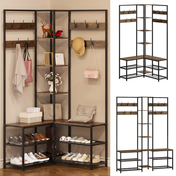 Corner Hall Tree with Shoe Rack, Hooks, Bench & Shelves in Rustic Brown