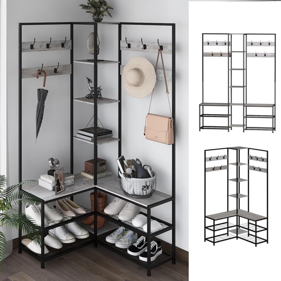Corner Hall Tree with Shoe Rack, Hooks & Shelves, Greige Finish, Modern