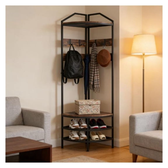 Corner Hall Tree with Shoe Storage, Clothes Rack & Shelves - Industrial Entryway Organizer