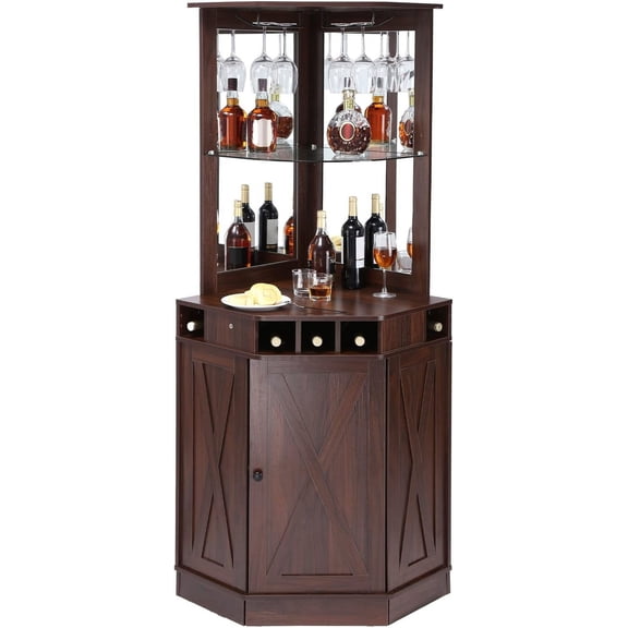 Corner Industrial Bar Cabinet Wine Table for Liquor & Glasses Sideboard Buffet Cabinet with Glass Holder Freestanding Farmhouse Wood Coffee Bar Cabinet for Living Room Home Bar Black Walnut