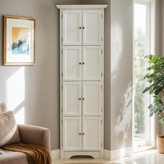 Corner Kitchen Pantry Cabinet 72" H Function Home Storage Cabinet, Wooden Food Pantry with 8 Doors, Adjustable Shelves, Easy Assembly, Tall Cabinet for Living Room