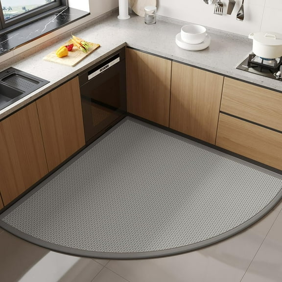 Corner Kitchen Rugs Non Slip Washable, Rubber Backed Circular Sector Kitchen Mats for Floor, Super Absorbent Imitation Linen Braided Kitchen Floor Mat for Sink Corner Areas, Gray Radius 39"