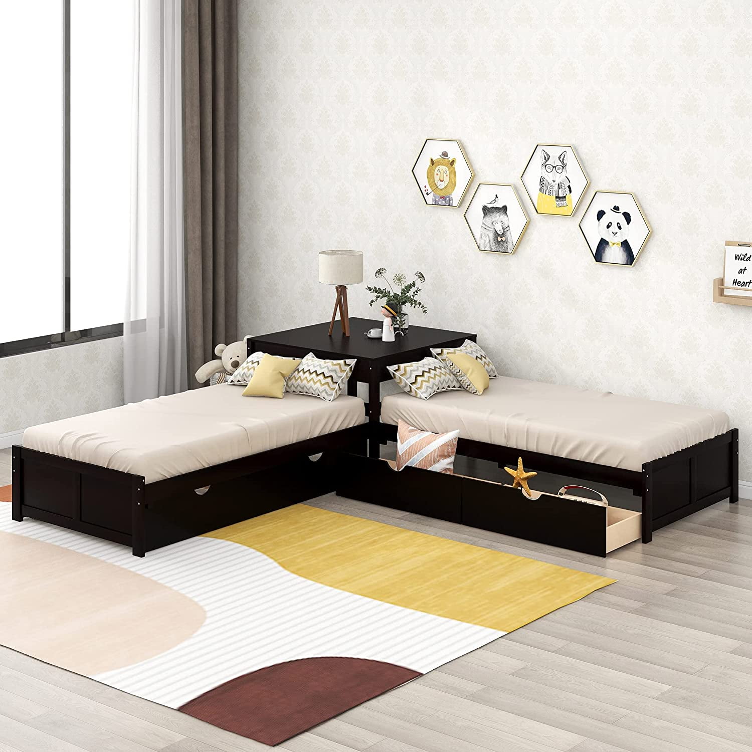 Corner LShaped Beds With Trundle And Drawers, Low Height Wood Double