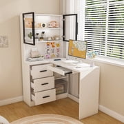 Corner L-Shaped Computer Desk With Glass Cabinets & Built-in LED Lights, USB Charging Ports & Keyboard Tray, Wooden Desk With Hutch And Drawers For Home&office.
