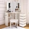 Corner LED Vanity Table with Tri-Fold Lighted Mirror, Adjustable 3-Mode Brightness, 5 Rotating Drawers & Built-In Charging StationWhite