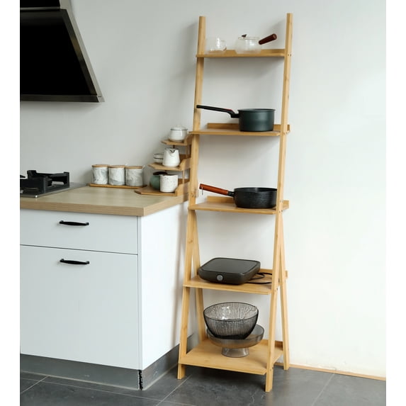 Corner Ladder Shelf Storage Shelving, 5 Tier Books/CDs/Albums/Files Holder in Living Room Home Office,Simple Assembly