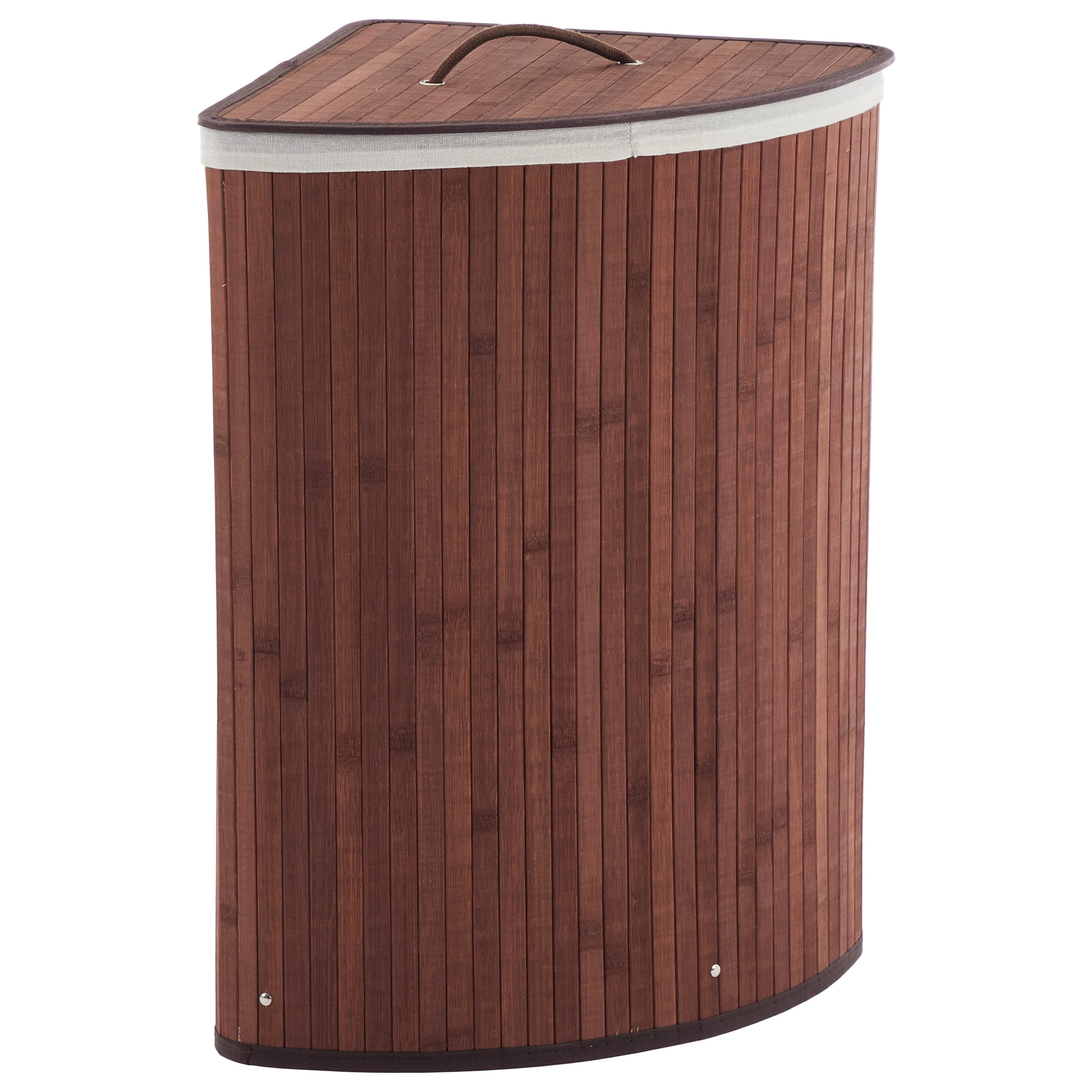 Corner Laundry Hamper with Lid, 19 Gallon/73 Liter Large Foldable Bamboo Laundry Basket with Washable Liner Bag, Wicker Clothes Hamper for Bedrooms Bathrooms Apartments, Brown