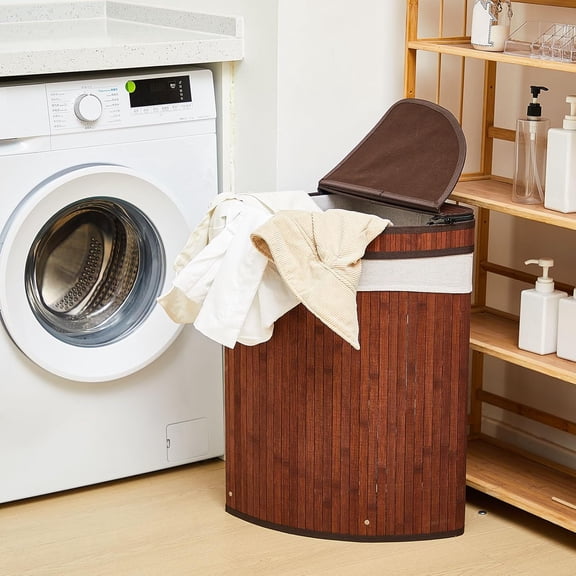 Corner Laundry Hamper with Lid and 2 Removable Cloth Liners Bamboo Corner Laundry Basket Collapsible Clothes Basket Storage Bin for Bedroom Bathroom Laundry Living Room (Espresso Color)