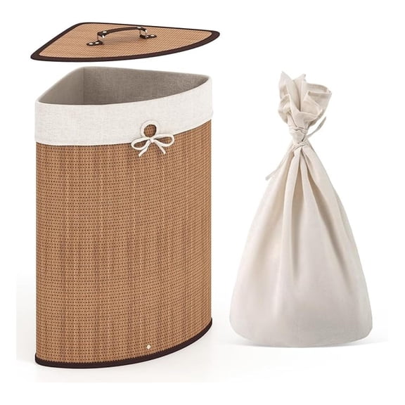 Corner Laundry Hamper with Lid, 58 L Bamboo Laundry Basket with Removable Liner & Handle, Triangle Clothes Hamper for Small Spaces, Bedroom, Bathroom, Laundry & Living Room (Bamboo)