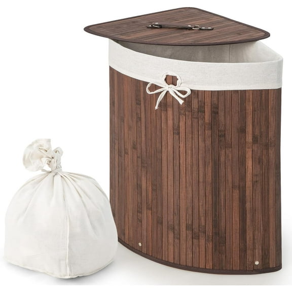 Corner Laundry Hamper with Lid, 58 L Bamboo Laundry Basket with Removable Liner & Handle, Triangle Clothes Hamper for Small Spaces, Bedroom, Bathroom, Laundry & Living Room (Brown)