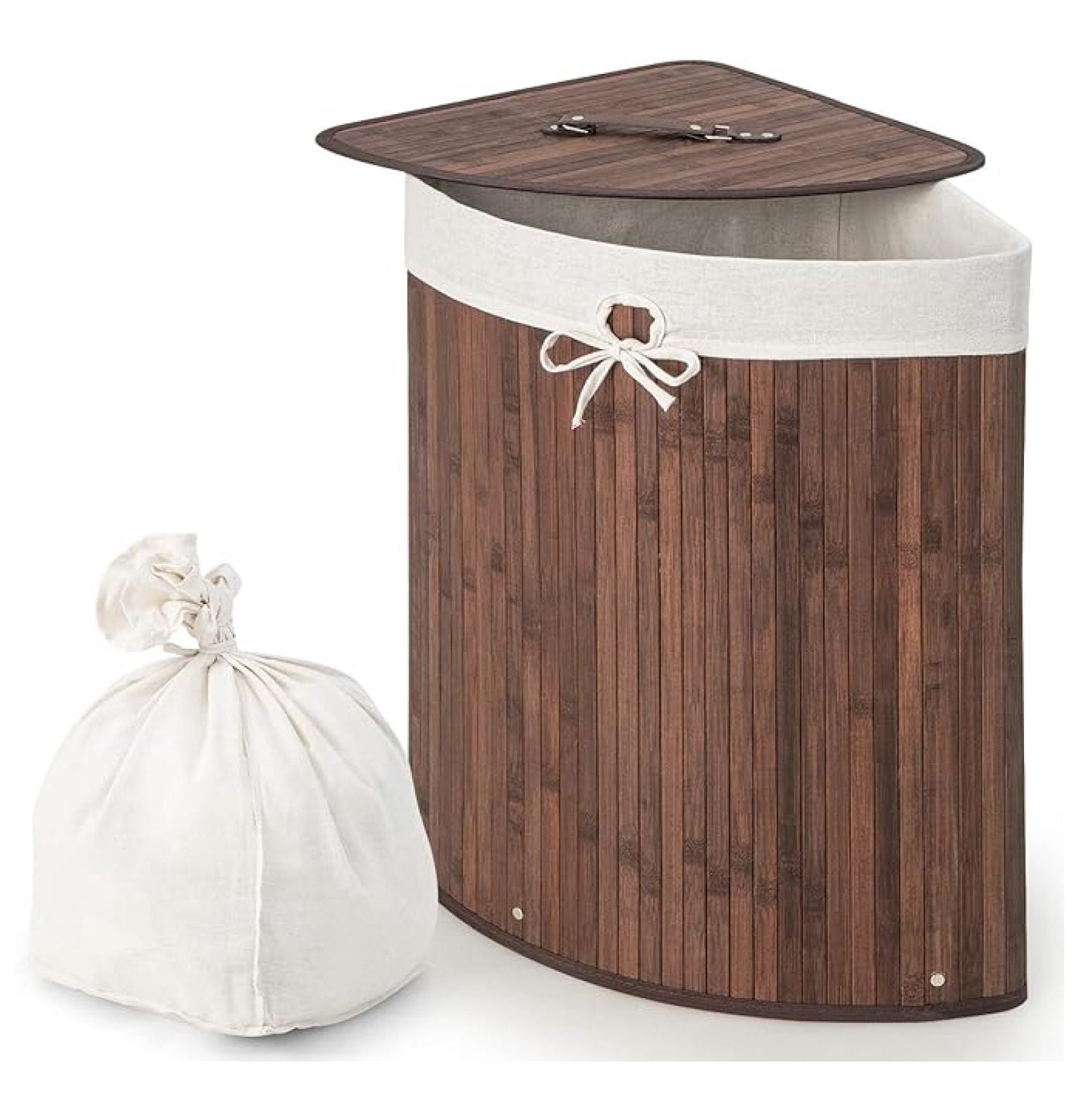 Corner Laundry Hamper with Lid, 58 L Bamboo Laundry Basket with ...