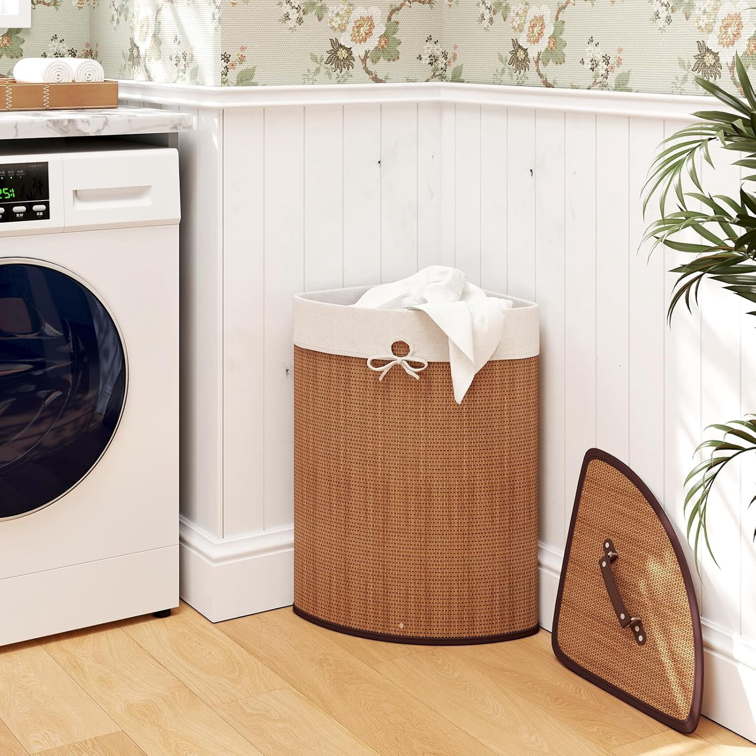 Corner Laundry Hamper with Lid, 58 L Bamboo Laundry Basket with ...