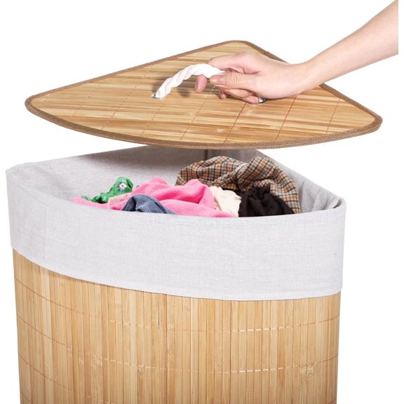 Corner Laundry Hamper with Lid, Foldable Triangle Clothes Hamper, Natural Wood Weave Laundry Basket Bin for Bedroom Bathroom Laundry Room, 25 x 18 in$$Home Decor, Kitchen, & Other