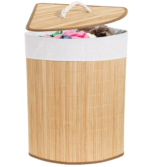 Corner Laundry Hamper with Lid, Foldable Triangle Clothes Hamper, Natural Wood Weave Laundry Basket Bin for Bedroom Bathroom Laundry Room, 25 x 18 in