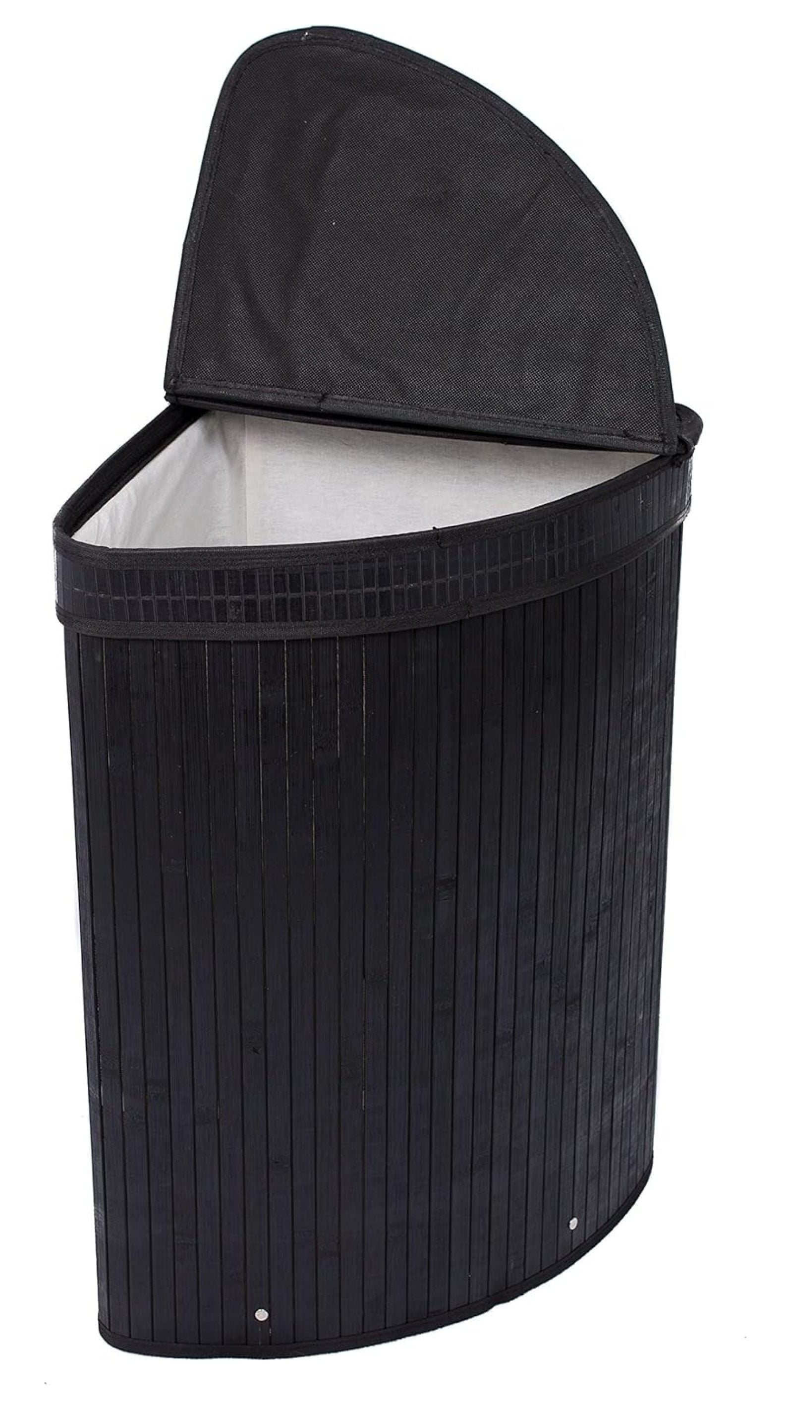Corner Laundry Hamper with Lid and Cloth Liner - Bamboo - Black - Easily Transport Laundry Basket - Collapsible Hamper - String Handles