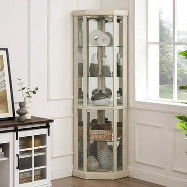 Corner Lighted Curio Cabinet - Glass Display for Living Room with Adjustable Shelves & Light - Antique White