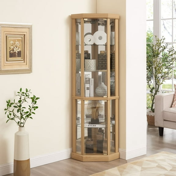 Corner Lighted Curio Cabinet - Glass Display for Living Room with Adjustable Shelves & Light - Light Oak