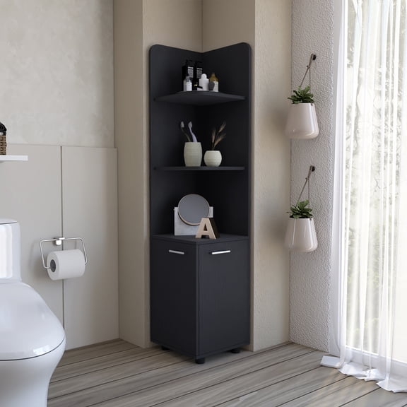 Corner Linen Cabinet for Bathroom, 62" Tall Black Particle Board Storage Unit with 3 Open Shelves and 2-Door Base Cabinet, Modern Free Standing Organizer with Legs for Small Spaces
