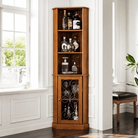 Corner Liquor Cabinet 3-Tier Display Storage with Door for Living Room Dining Room Bar