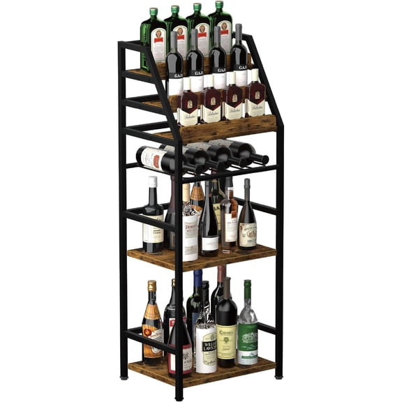 Corner Liquor Cabinet Trapezoid - Rustic Brown Floorstanding Wine & Whiskey Display with Tiered Racks, Storage for Bottles, Syrups and Bar Accessories