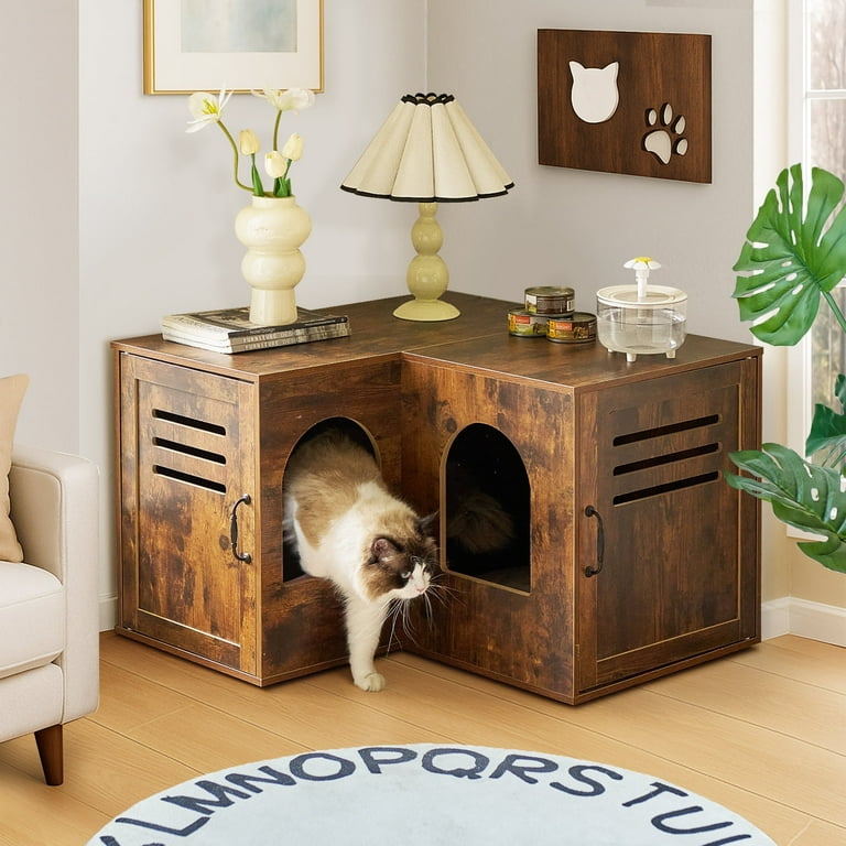 Brown Farmhouse Corner Cat Double Litter Box Litter Box Cabinet