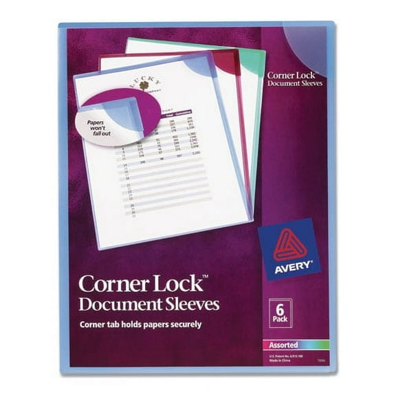 Corner Lock Document Sleeves, Letter Size, Assorted Colors, 6/pack | Bundle of 2 Packs