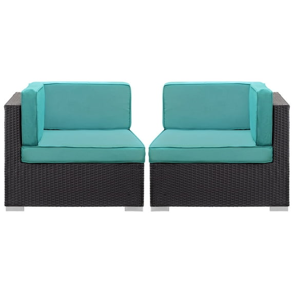 Corner Lounge Chair, Set of 2, Aqua Blue, Wicker Rattan, Outdoor Patio Balcony Cafe Bistro Garden Hospitality Restaurant, Modern Contemporary, HB36948