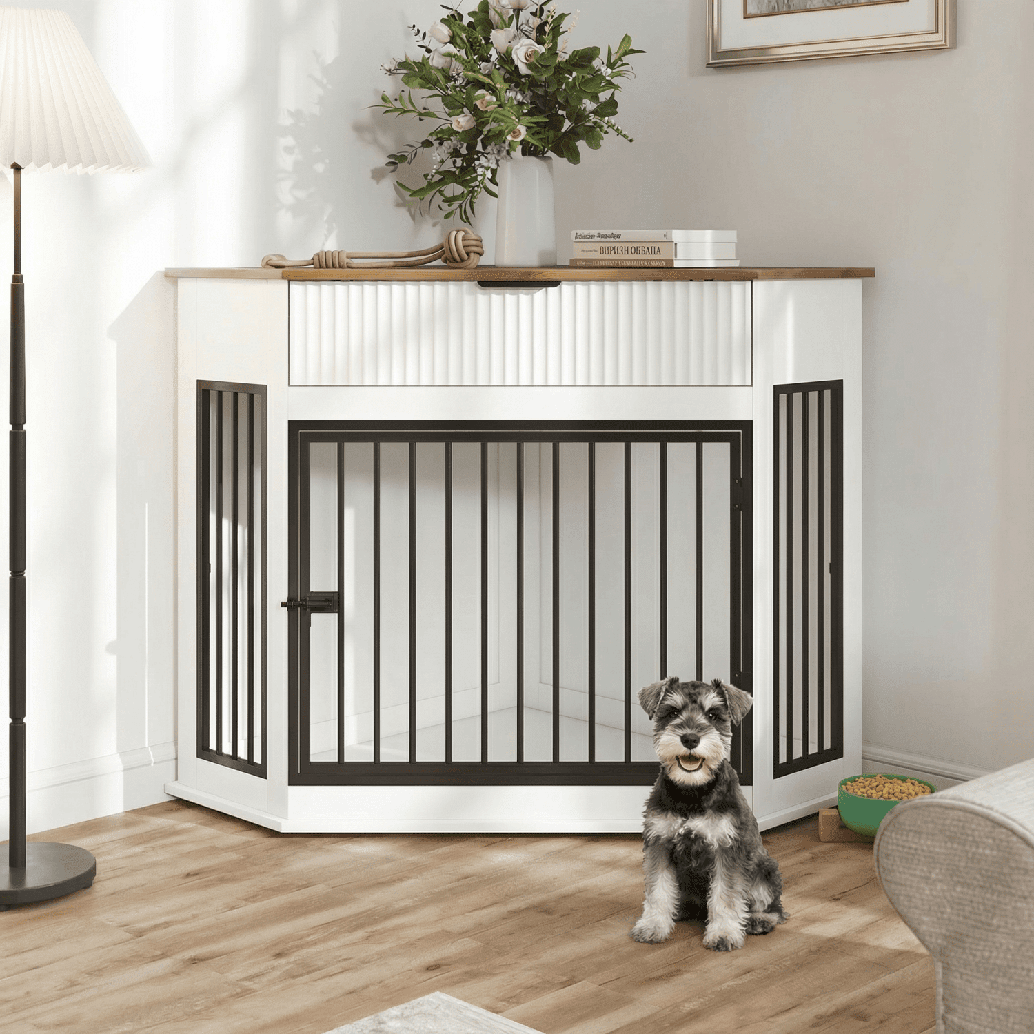 Corner MDF Dog Crate Furniture, Decorative Dog Kennel End Table with Fluted Drawer, Space-Saving Indoor Dog Cage Cabinet with Metal Latch for Small Medium Dogs