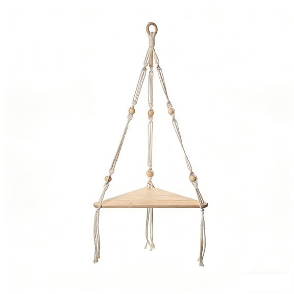 Corner Macrame Floating Shelves - Handmade Woven Rope & Wood Wall Shelf, Boho Hanging Decor for Bedroom, Bathroom, Living Room Easy Install (1 Tier)