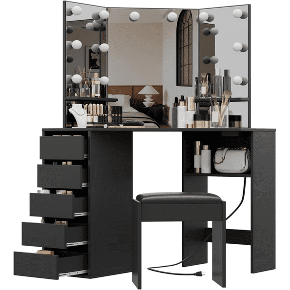 Corner Makeup Table,Vanity Desk with Mirror And Lights,Dressing Tables with 5  Drawers And Stool,Christmas Gift For Girls Women