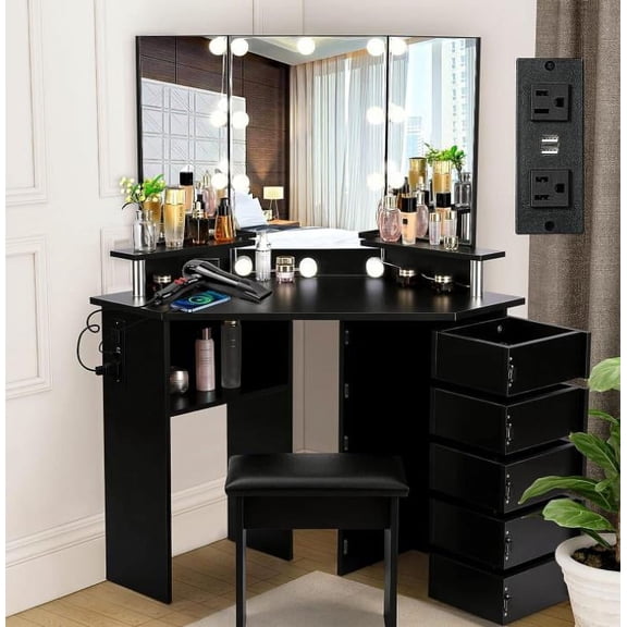 Corner Makeup Vanity Desk with Lights & Power Outlet Makeup Vanity Desk with Rotating Drawers, Spacious Tri-Folding Mirror, 5 Rotating Drawers, Adjustable Brightness, Ample Storage, Stool Included