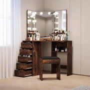Corner Makeup Vanity Desk with Tri-Fold LED Lighted Mirror, L-Shaped Space-Saving Dressing Table, 5 Drawers, Charging Station, Quiet Drawers,Tiger Wood