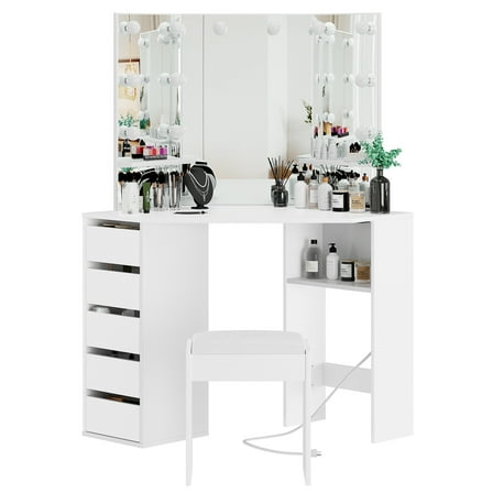 Corner Makeup Vanity Desk with Mirror and Lights, Bedroom Vanity Table with Lighted Mirror 5 Drawers and Storage Shelf for Women Girls, White