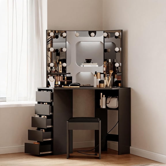 Corner Makeup Vanity Desk with Tri-Fold LED Lighted Mirror, L-Shaped Space-Saving Dressing Table, 5 Drawers, Charging Station, Quiet Drawers,Black