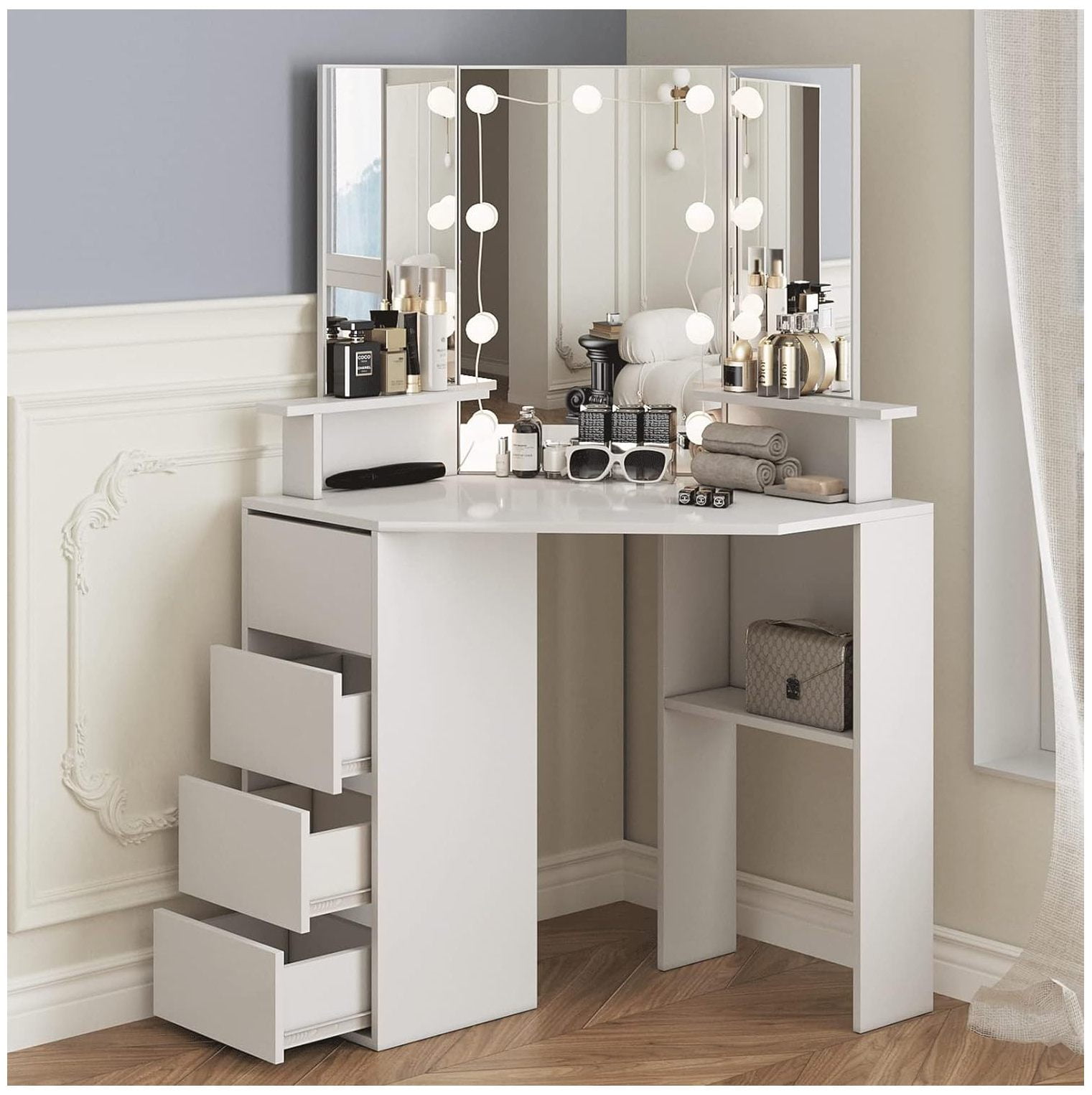 Corner Makeup Vanity Table With Lighted Mirror 42 Inch White Vanity