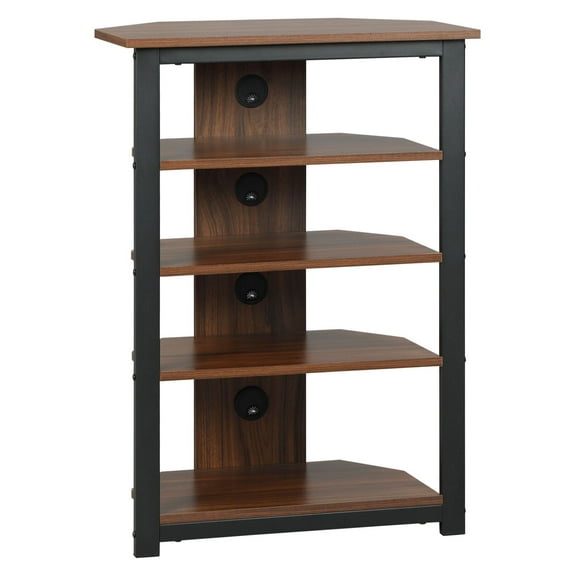 Corner Media Stand with LED, 4-Tier TV Console, AV Shelf, Cable Management for DVD, Game Console - Chestnut Brown
