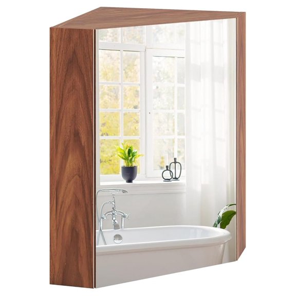 Corner Medicine Cabinet with Mirror, 23.5" Wall Mounted Storage Cabinet Organizer with Left/Right Open Mirror Door & Adjustable Shelf, Small Bathroom Corner Cabinet for Small Spaces (Brown)