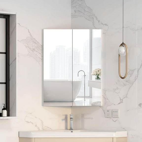 Corner Medicine Cabinet with Mirror,Bathroom Corner Mirror Cabinet with 2 Doors,Medicine Cabinet Wall Mounted for Small Space,2 Fixed Shelves,White,24" x18"