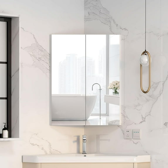 Corner Medicine Cabinet with Mirror,Bathroom Corner Mirror Cabinet with 2 Doors,Medicine Cabinet Wall Mounted for Small Space,2 Fixed Shelves,White,24" x18"